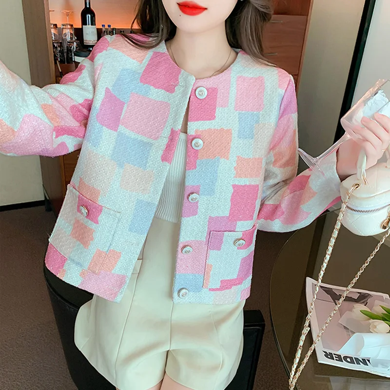 

Korea Chic Elegant Multicolour Plaid Tweed Jacket Coat For Woman Autumn Long Sleeve Coat Female Office OL Casual Outwear