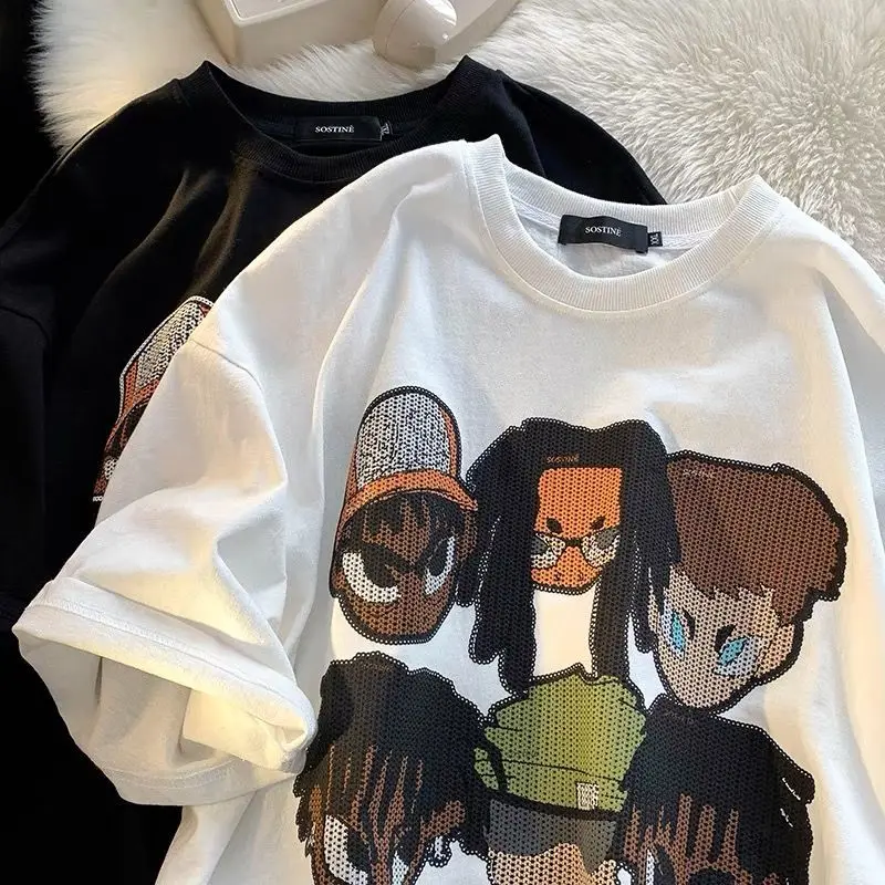 

European and American Fashion Loose Half Sleeve Tops American Hip Hop Cotton Short Sleeved T Shirts for Men and Women In Summer