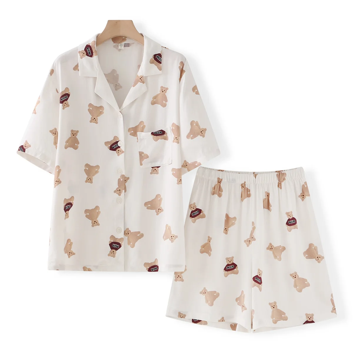 Spring Summer Women Home Wear Sets Short-sleeved Two-piece Sleepwear Cute Bear Print Pajama Breathable Casual Pajamas Suits