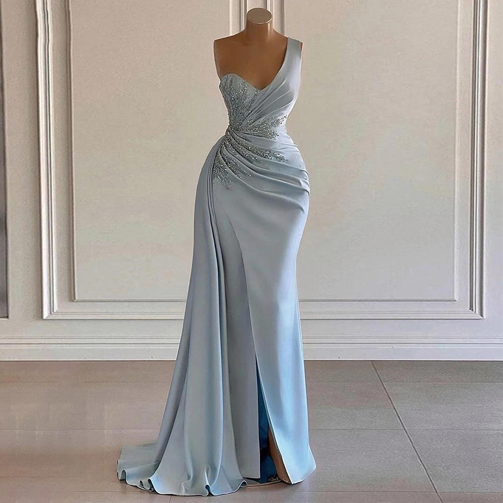 

Luxury Evening Dress Long One Shoulder Light Sky Blue Satin Evening Gown for Women 2023 Beading Draped Slit Mermaid Party Dress