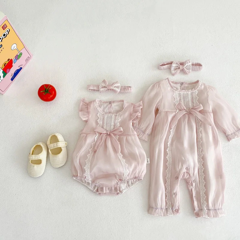 

MILANCEL 2022 Summer New Baby Bodysuit Lace Toddler Rompers Sending Hair Band Infant Outwear