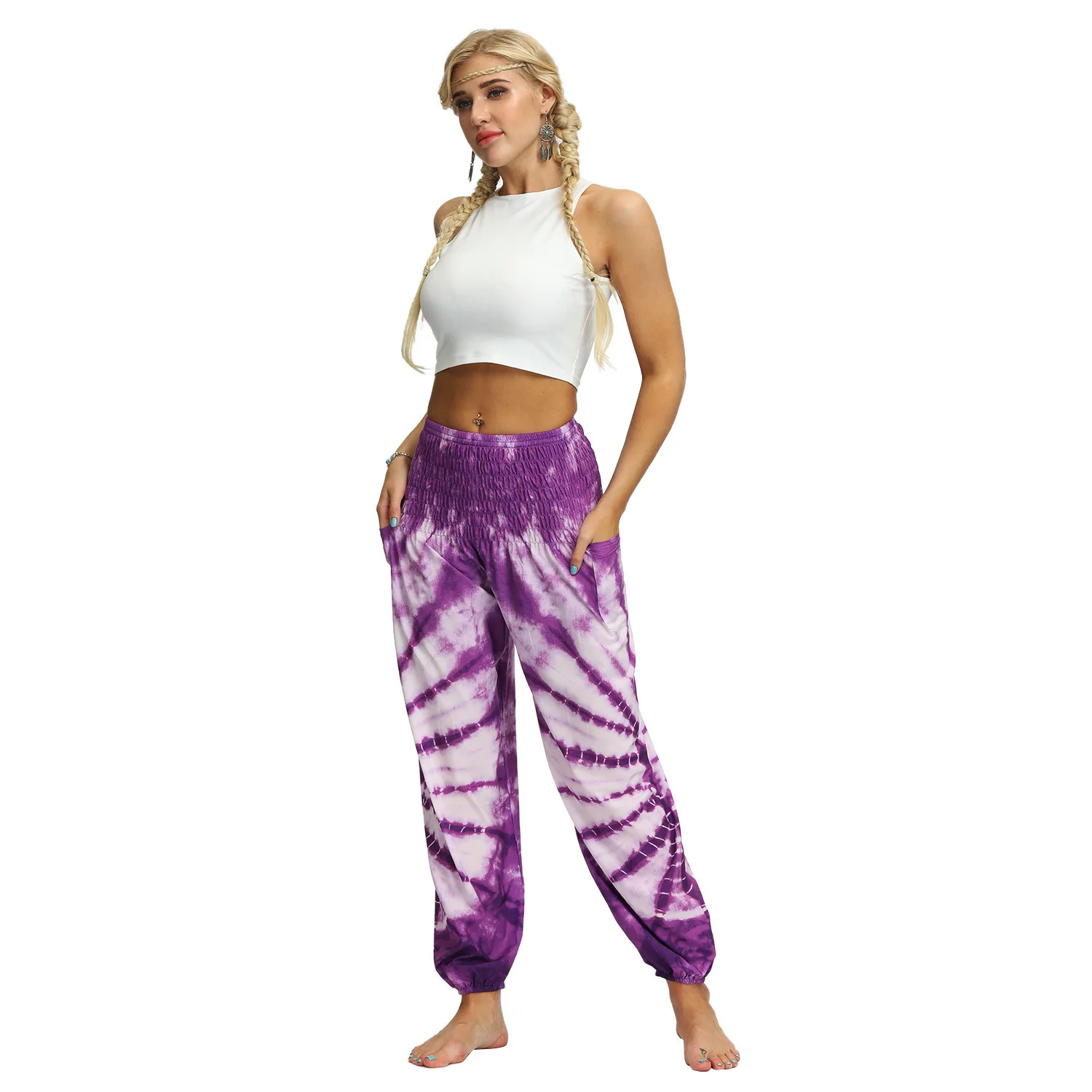 

Women Fashion Casual Printed Loose Pants Bohemian Beach Holiday Bloomers Pocket Sunscreen Loose Pants Thai Yoga Sports Pant