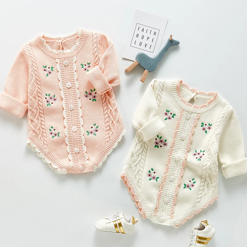 

Вязаные боди для маленьких девочек, комбинезоны с цветочной вышивкой и длинными рукавами на осень и весну, комбинезон для маленьких девочек, комбинезон для маленьких девочек