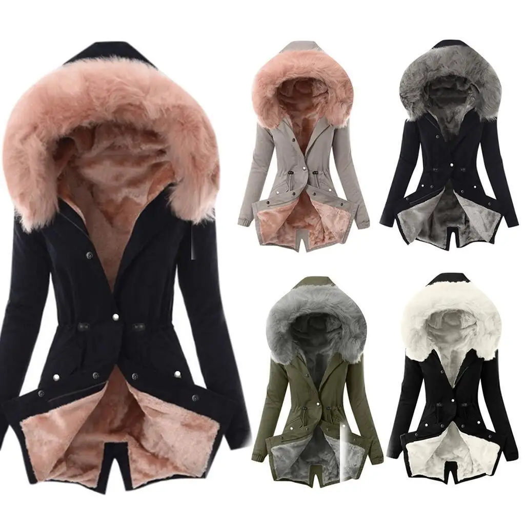 

New women's fur collar drawstring solid color casual warm cotton jacket for women