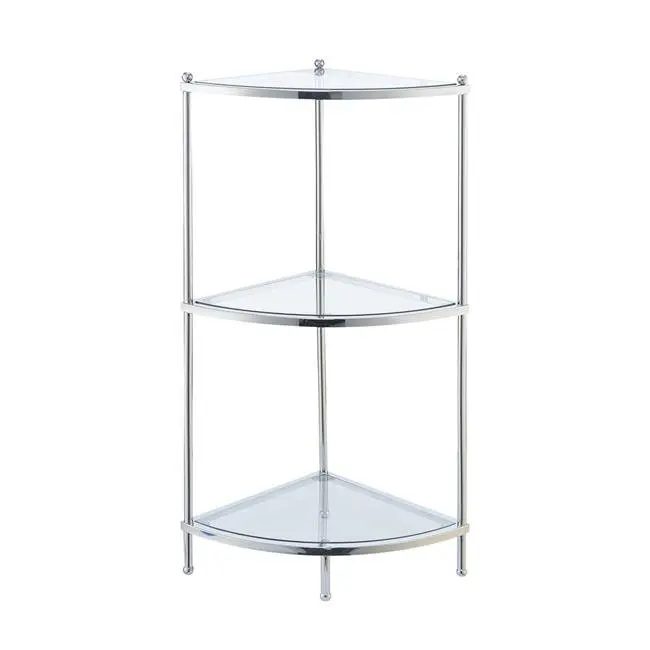 

Stunning 3 Tier Chrome & Glass Crest Corner Shelf - Ideal for Bathroom & Living Room Storage & Organizing.