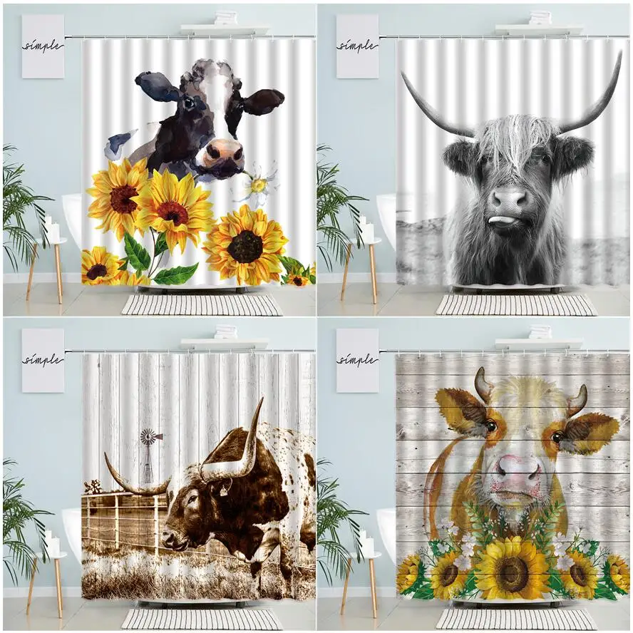 

Farm Highland Cattle Shower Curtains Watercolor Cow Yellow Sunflower Vintage Wood Board Polyester Fabric Bathroom Curtain Decor