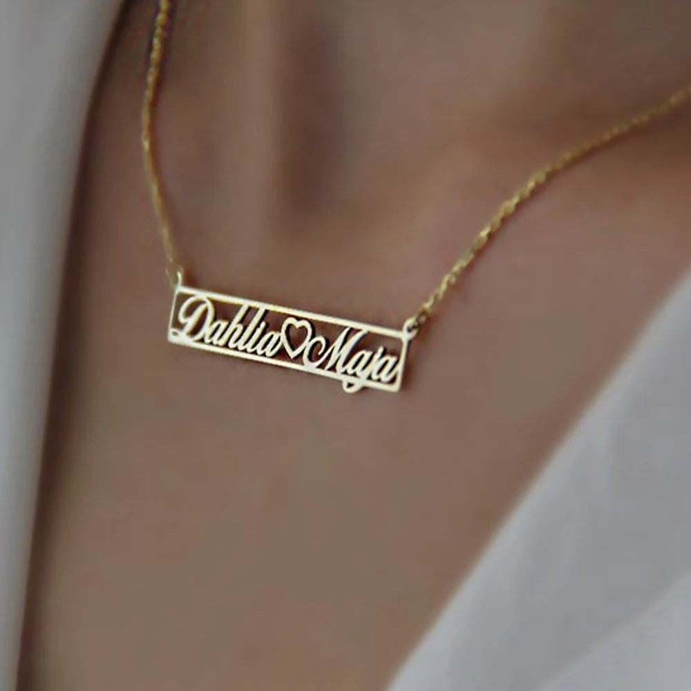 

Custom Rectangle Stainless Steel Name Pendant Necklaces Women Heart Hollow Couples Necklaces Nameplate Jewelry To Boyfriend Gift