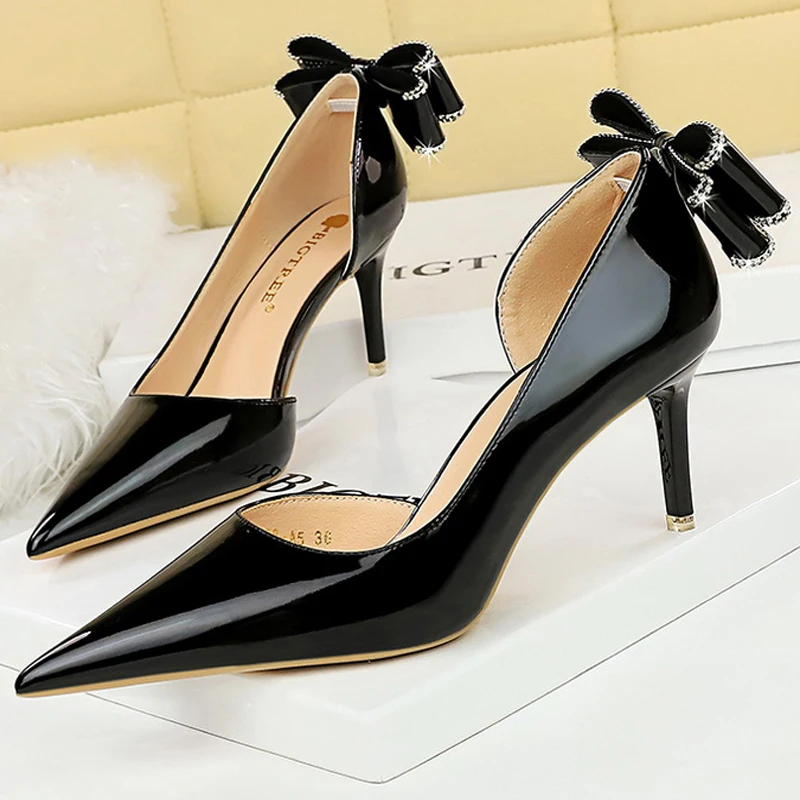 

7.5 Cm Heel Patent Leather Women Pumps Kitten Heels Back Bowknot Design Women Heels Stilettos Luxury Party Shoes Female