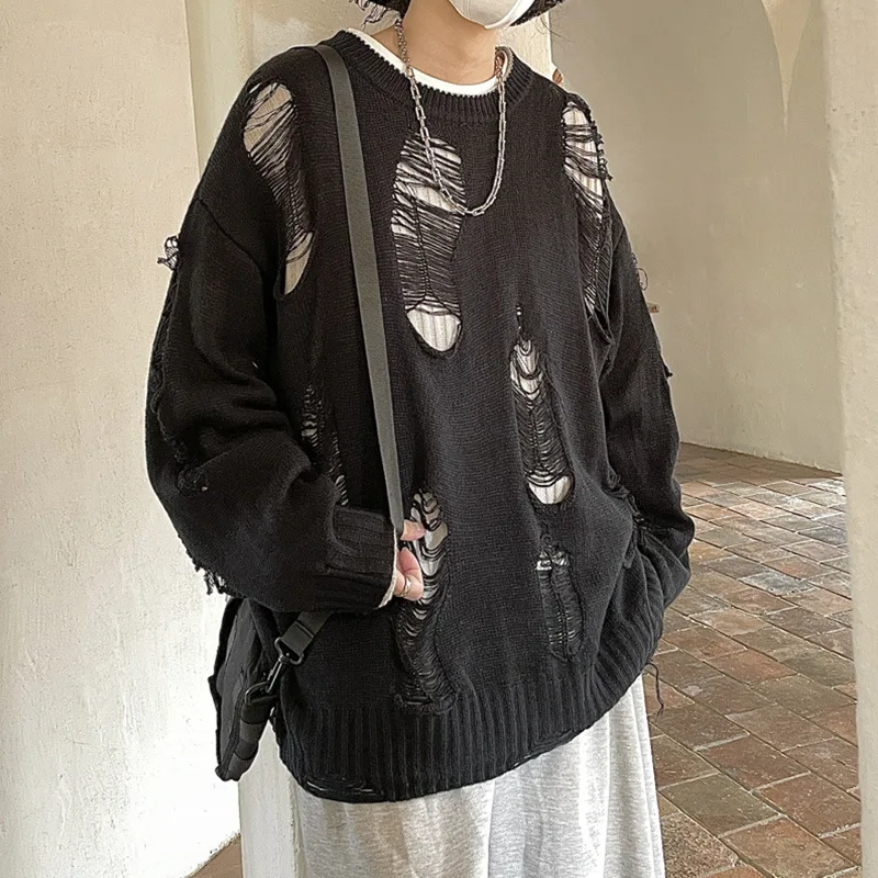 Broken sweater men's loose high street in autumn and winter wear two sides of the sweater vintage sweater jacket