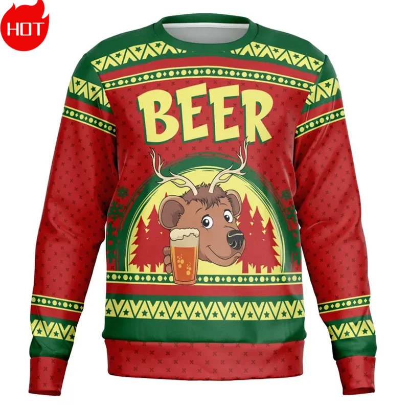 Merry Christmas 3D Printed Sweatshirts Happy Drink Beers Graphic Ugly Sweaters Fashion New In Mens Clothing