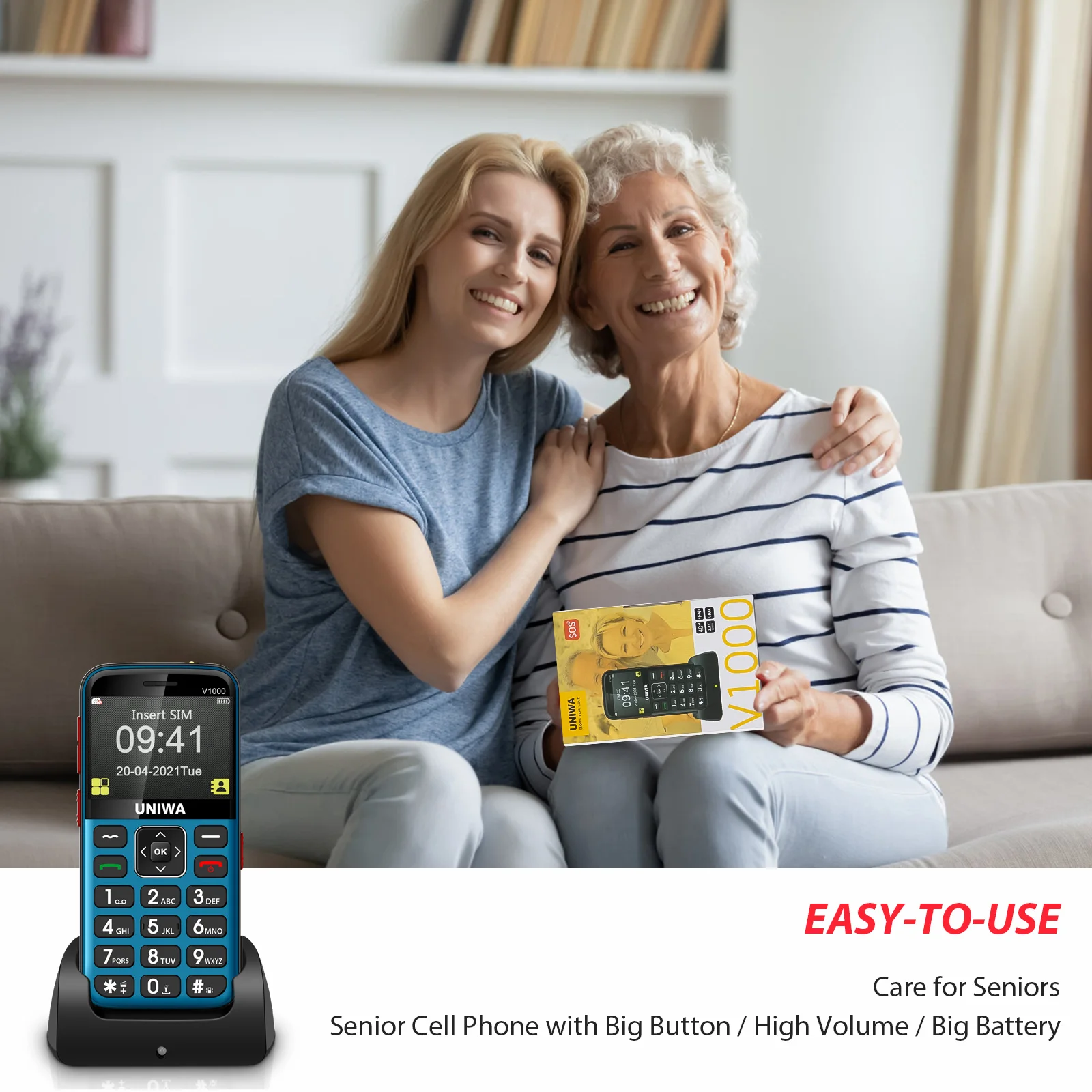 UNIWA V1000 4G Feature Phone 0.3MP Camera Mobile Phone Russian Keyboard 2.31 Inch Big Button Cellphones 1700mAh for Elderly SOS