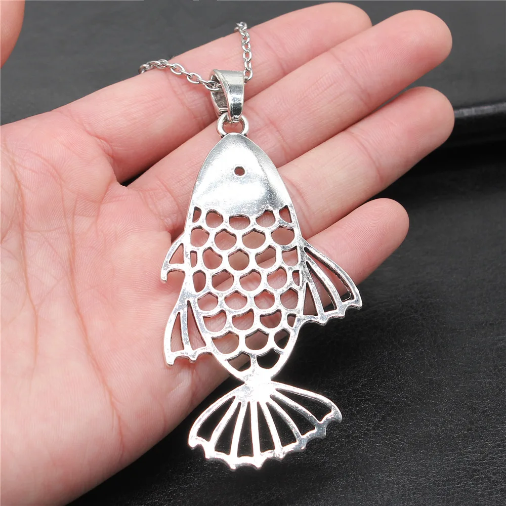 Ожерелье серебряное в античном стиле с подвеской в виде большой рыбы 84x44 мм для женщин и мужчин, длинная цепочка, ожерелье