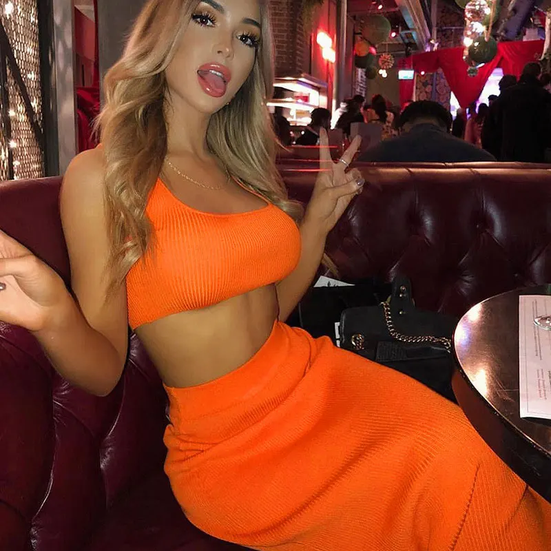 

New Women's Sexy Solid Color Sleeveless Crop Rib Knit Top Long Dress Two Piece