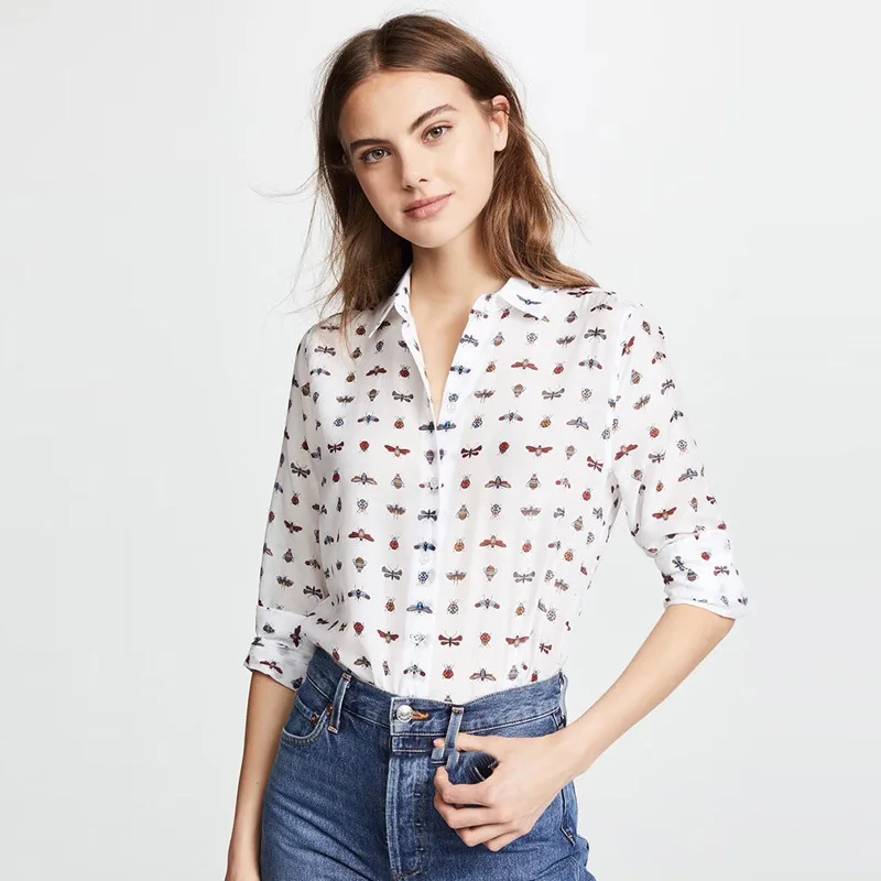 

Insect Print Lapel Long Sleeve Silk Shirt Female Heavy New Large Size Women's Mulberry Silk Top