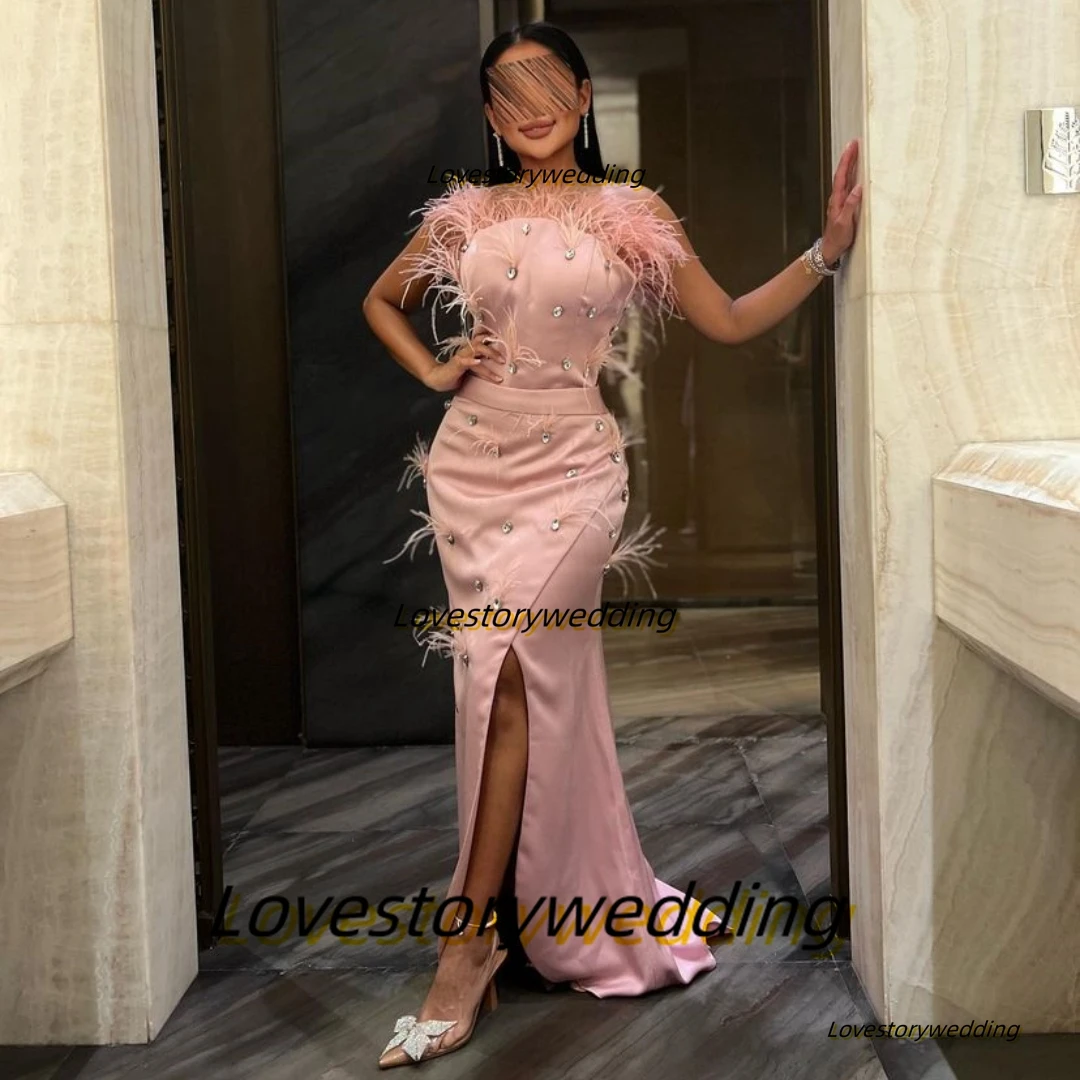 

Lovestory Mermaid Side Slit Prom Dresses Strapless Crystals Feathers Saudi Arabia Women Wear Party Evening Side Slit Vestidos De