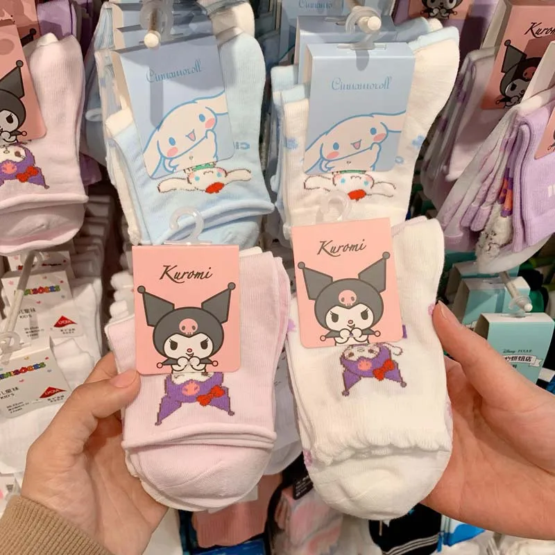 

Kawaii Sanrio Sock Cute Cinnamoroll Kuromi Combed Cotton Breathable Versatile Sock Checkered Socks Fashion Sock Christmas Gift