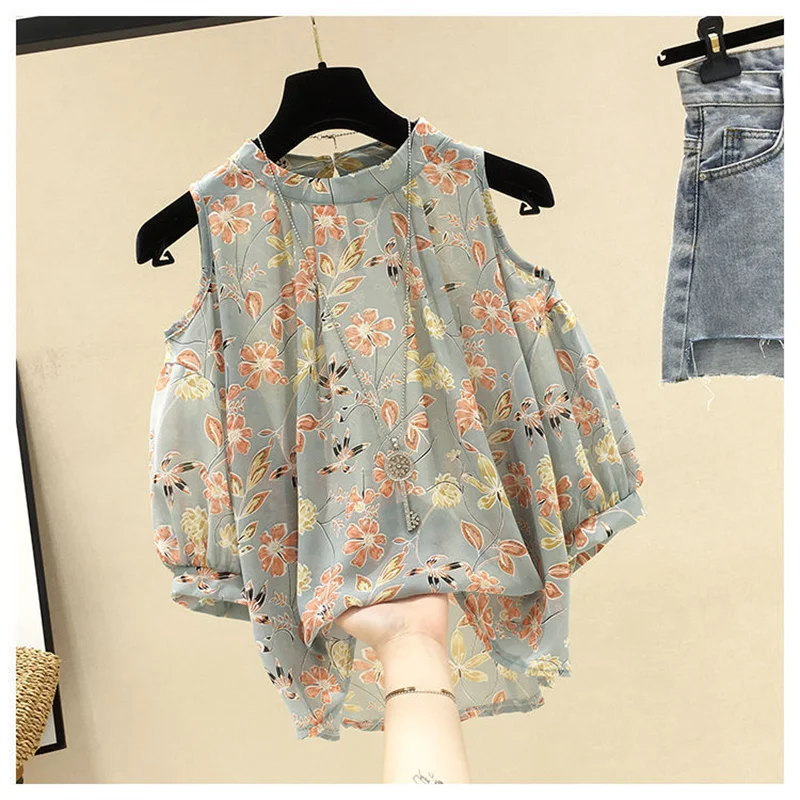 

2023 Women's Fat Sister Summer Short Sleeved Shirt Floral Off-Shoulder Clothes Show Thin Belly Cover Foreign Style Small Shirt X