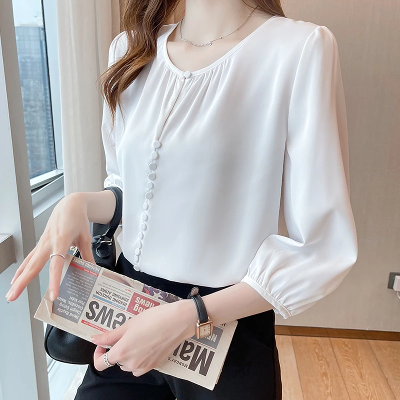

2023 Spring Split Sleeve Chiffon Shirt Women's Summer Casual Top Female White Shirt Ol Elegant Temperament Slim Shirt LB014