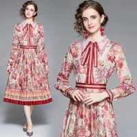 2022 spring long sleeve skirt hollow womens clothes lace lape waist printing pleated large swing mid length dress summer new