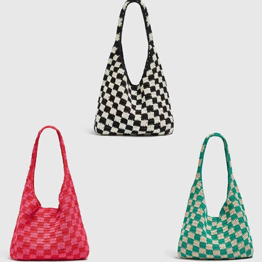 

Checkerboard Knitting Big Tote for Women Wool Woven Handbags Contrast Shoulder Bag Female Casual Underarm Bags Purses 2022 Ins