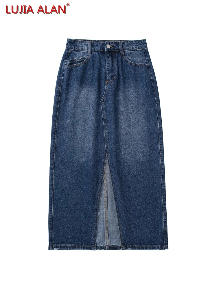

Женские прямые джинсовые Юбки-миди с разрезом, повседневная женская Свободная одежда с высокой талией, LUJIA ALAN P2777