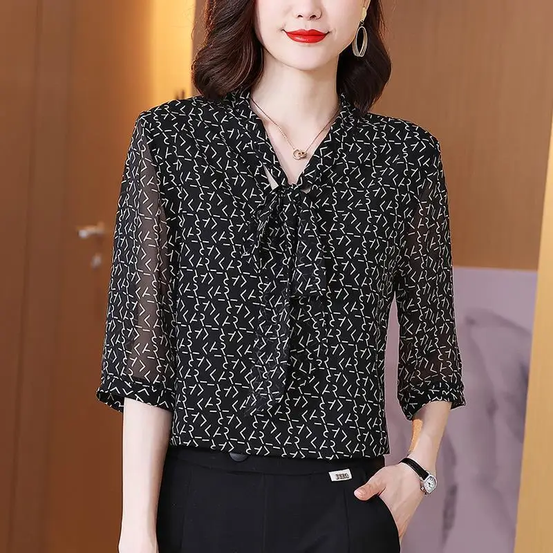 

Women Bow Tie Chiffon Blouse Big Size Summer Half Sleeve V Neck Black Casual Top Pullover Loose Vintage Fashion Shirt 5XL 2022