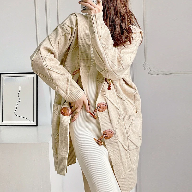 100% Pure Wool Cashmere Sweater Woman Hooded Collar Long-style Cardigan Knit Tops Autumn Winter Warmth Thick Horn Button Outwear