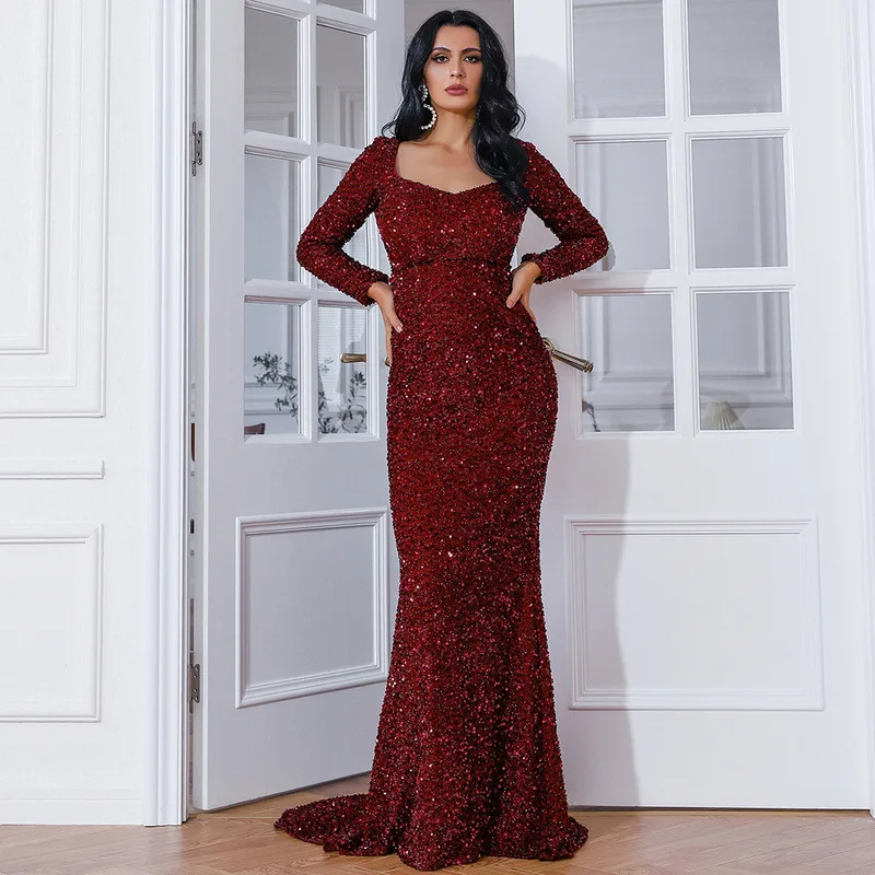 

Elegant Vestido de feista Women Long sleeve Backless Formal Occassion Cocktail Prom Gown Sequined Evening Mermaid Long dress