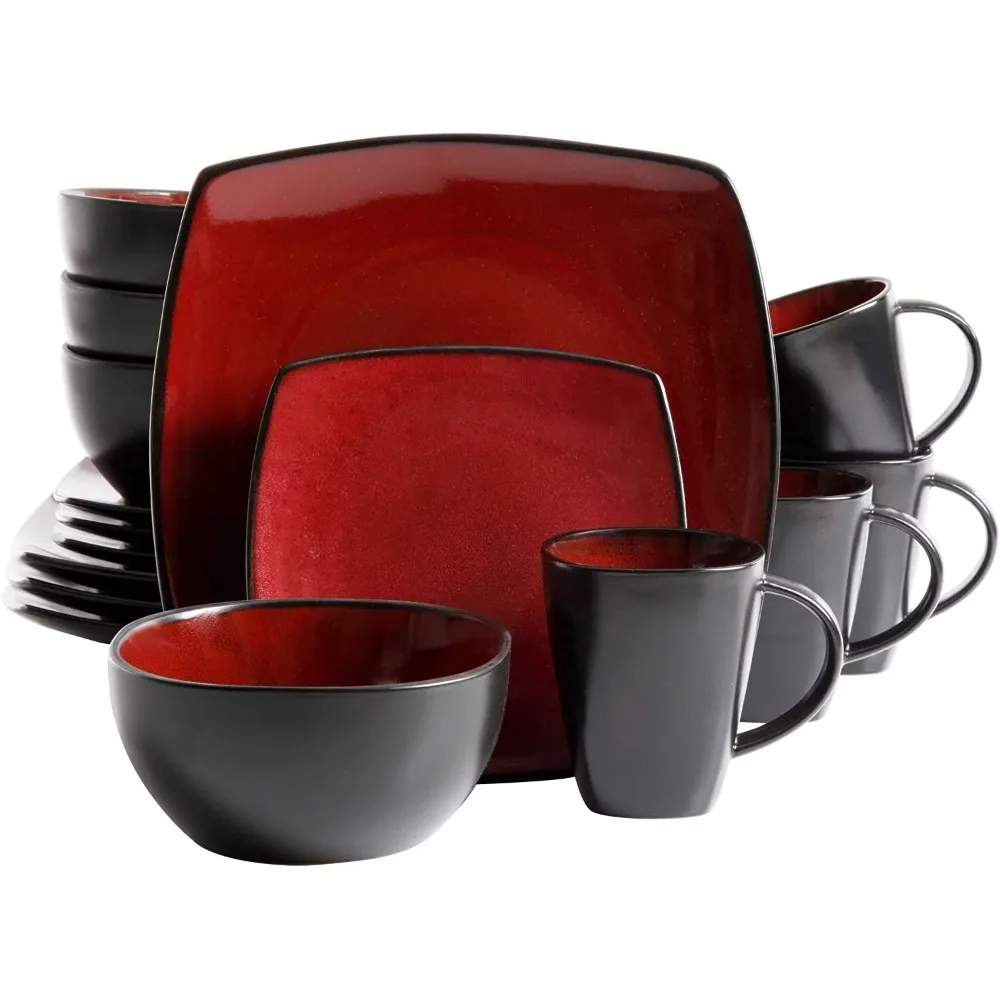 

Soho Lounge Square 16-Piece Dinnerware Set - Red Dinner Dish Bowls and Plates