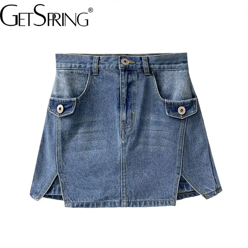 

GetSpring Women Shorts 2022 Summer High Waist Split Denim Shorts Fashion All Match Girls Blue Shorts Skirts Wholesale Droppship