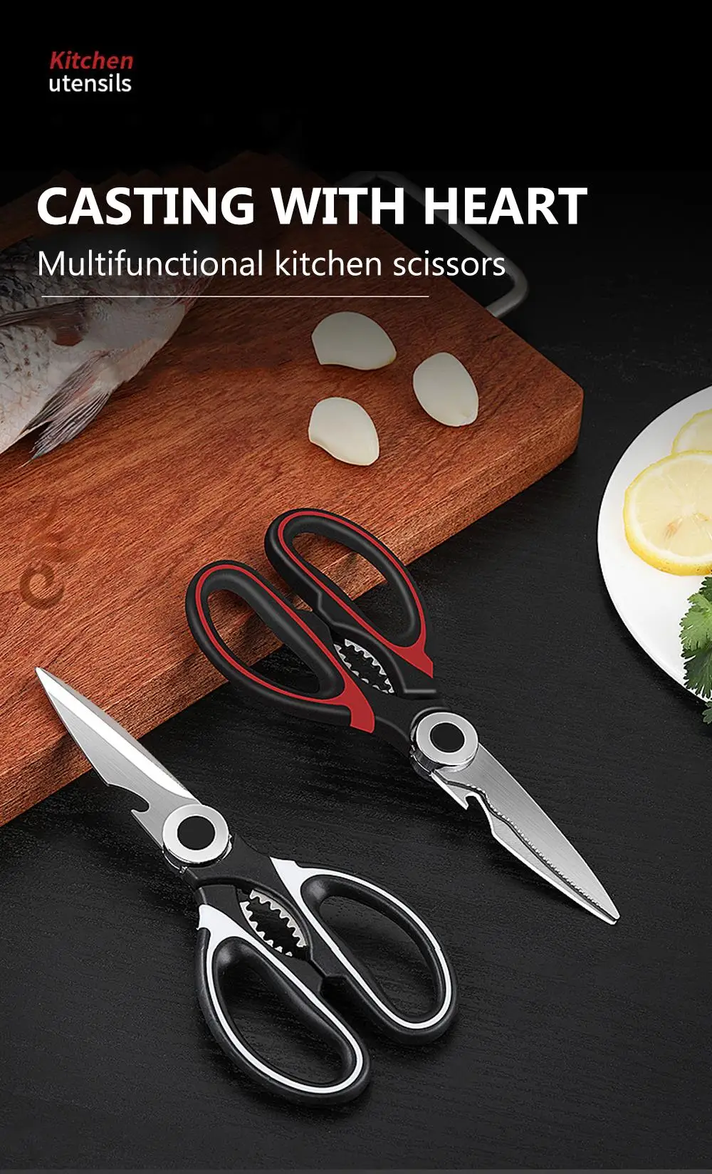 

Multifunctional Kitchen Scissors Cutting Knife Plate Stainless Steel Kitchen Meat Cutting Scissors Chicken Bone Opening Bottle