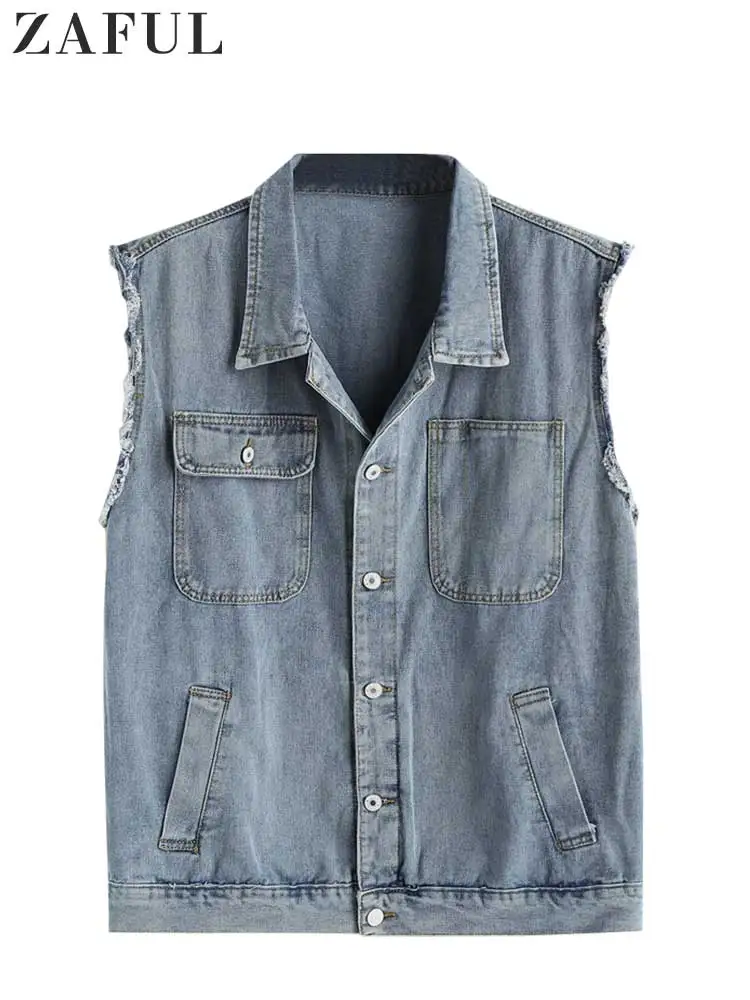 

ZAFUL Men's Tooling Jean Vest Streetwear Sleeveless Cargo Vest Solid Turn-down Collar Jacket Gilet Denim Waistcoat with Pockets