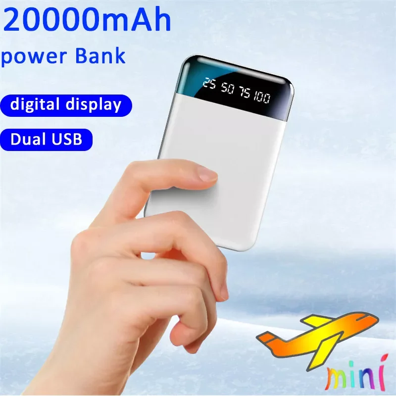 

NEW2023 Mini Power Bank Portable 20000mAh High Capacity Charger Digital Display 2USB Output External Battery for iPhone