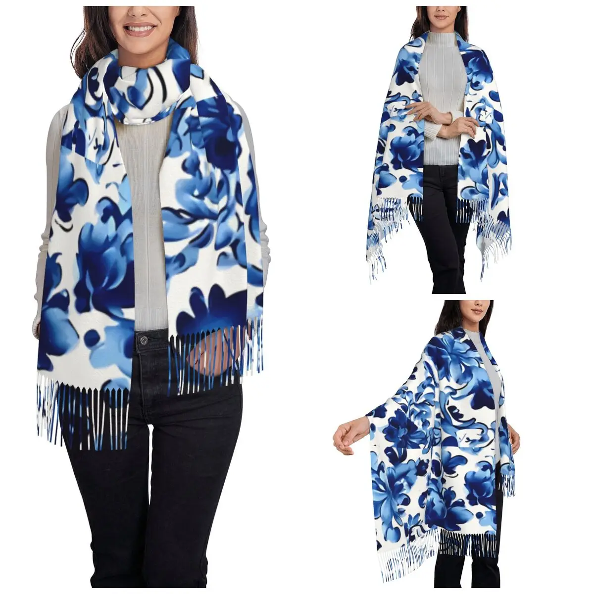 Женский шарф с кисточкой Gzhel в русском стиле цветочным принтом длинная мягкая