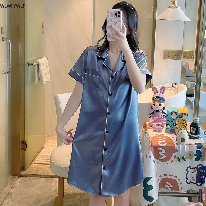 

Nightdress Women Chic Solid Silk Satin Short Sleeve Button Down Notched Nightgown Sleepwear Comfort Silky Sexy Nuisette Femme X8