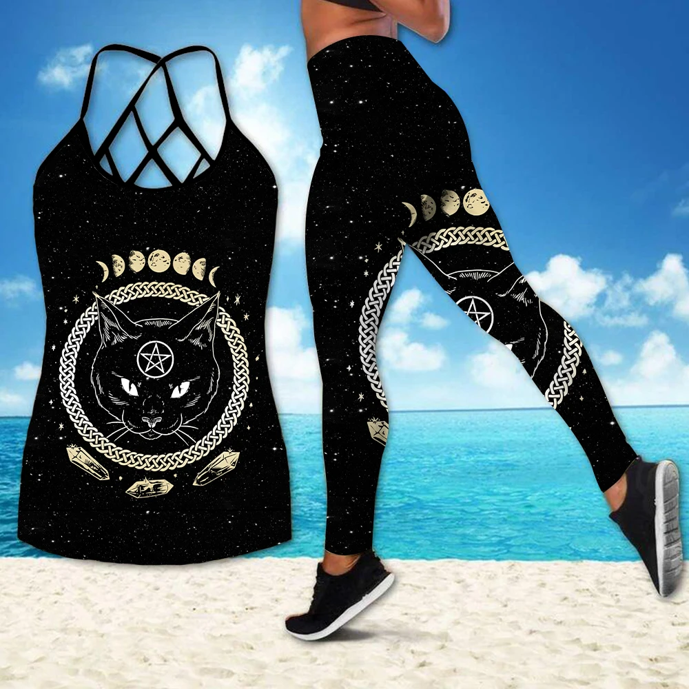 

Summer Yoga Set Womens Cat Print Tank Top and Legging Yoga Suit Running Fitness Gym Workout Clothes for Women Sport Suits