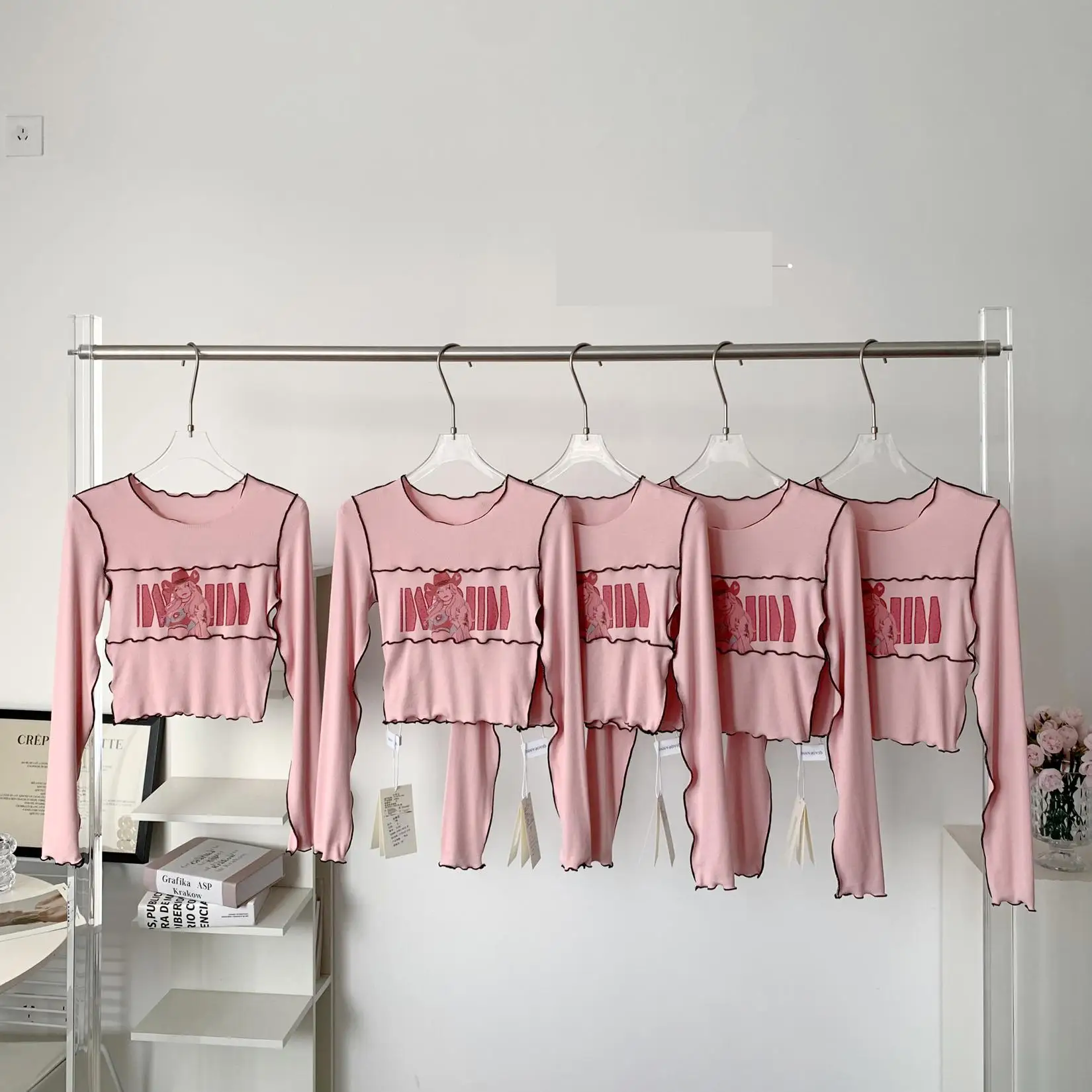 

Женская облегающая футболка с длинным рукавом и круглым вырезом, Женская Повседневная розовая облегающая короткая футболка, уличная одежд...