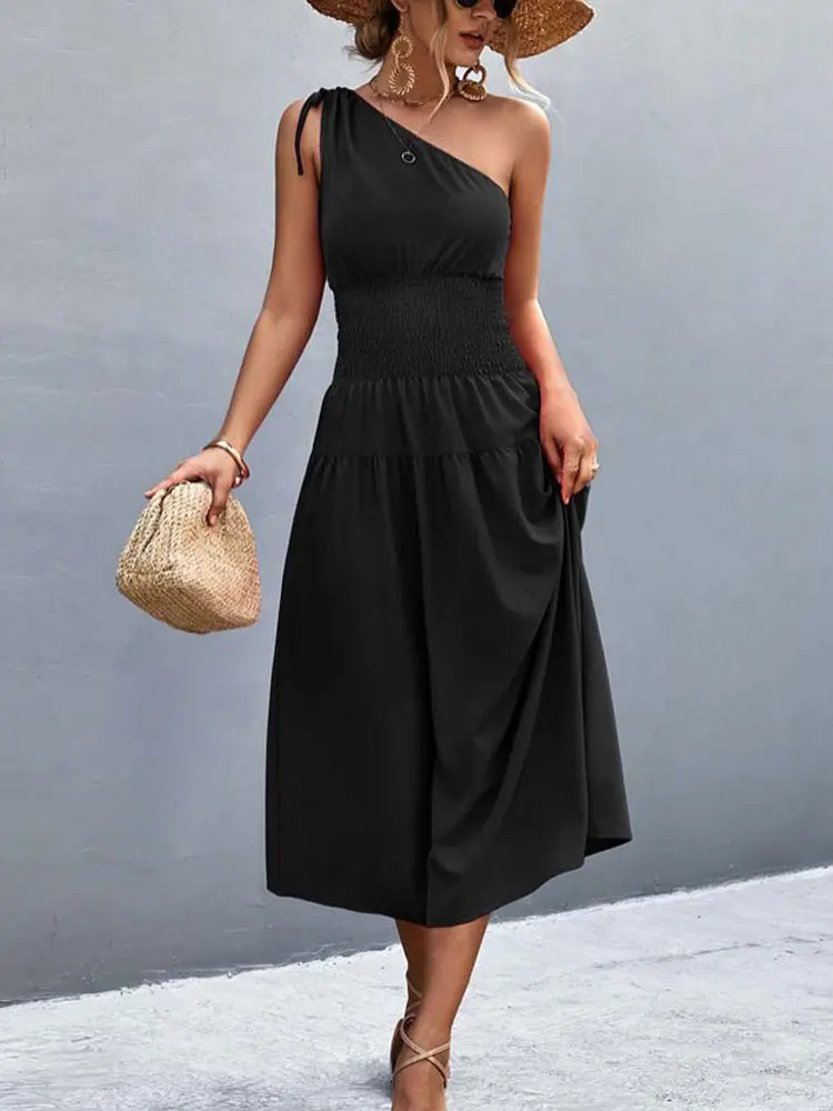 2023 Summer Maxi Dress Women One Shoulder Long Party Dress Ladies Elastic Elegant A Line Dresses for Women Sexy Black Dress