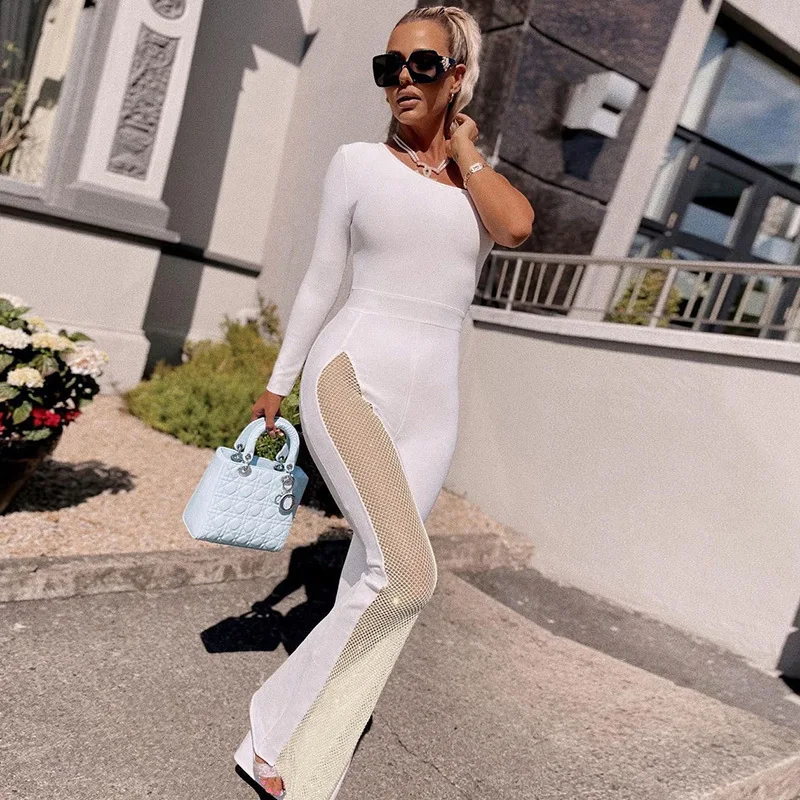 Sexy Mesh Patchwork One Shoulder Playsuits Women Elegant Solid Skinny Flare Pants Jumpsuit Fashion Lady Party Streetwear