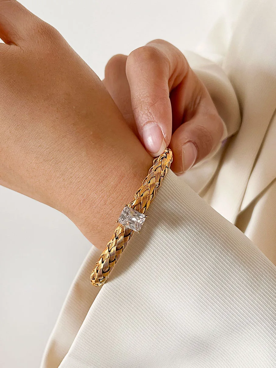 Незамкнутый Плетеный Браслет-манжета Peri'sbox с квадратным драгоценным камнем из