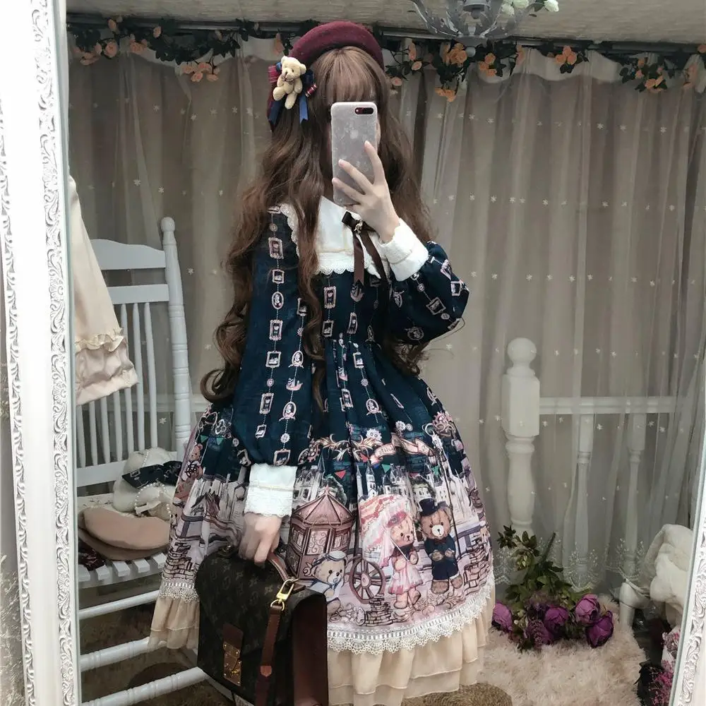 

Sweet Retro British Bow Long-sleeved Lolita Dress Cute Cartoon Print Navy Collar Kawaii Princess High Waist Cosplay Lolita Loi