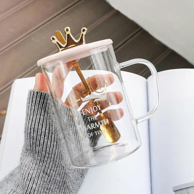 

Glass Coffee Mugs Creative Crown Lid Cup Tropical Resistant Lid Spoon Milk Juice StarBuck Coffee Milk Tea Cup