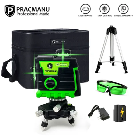 Pracmanu лазерный уровень 12 линий 3D уровень самонивелирующийся 360 горизонтальный и вертикальный крест супер Мощные зеленые лазерные лучи