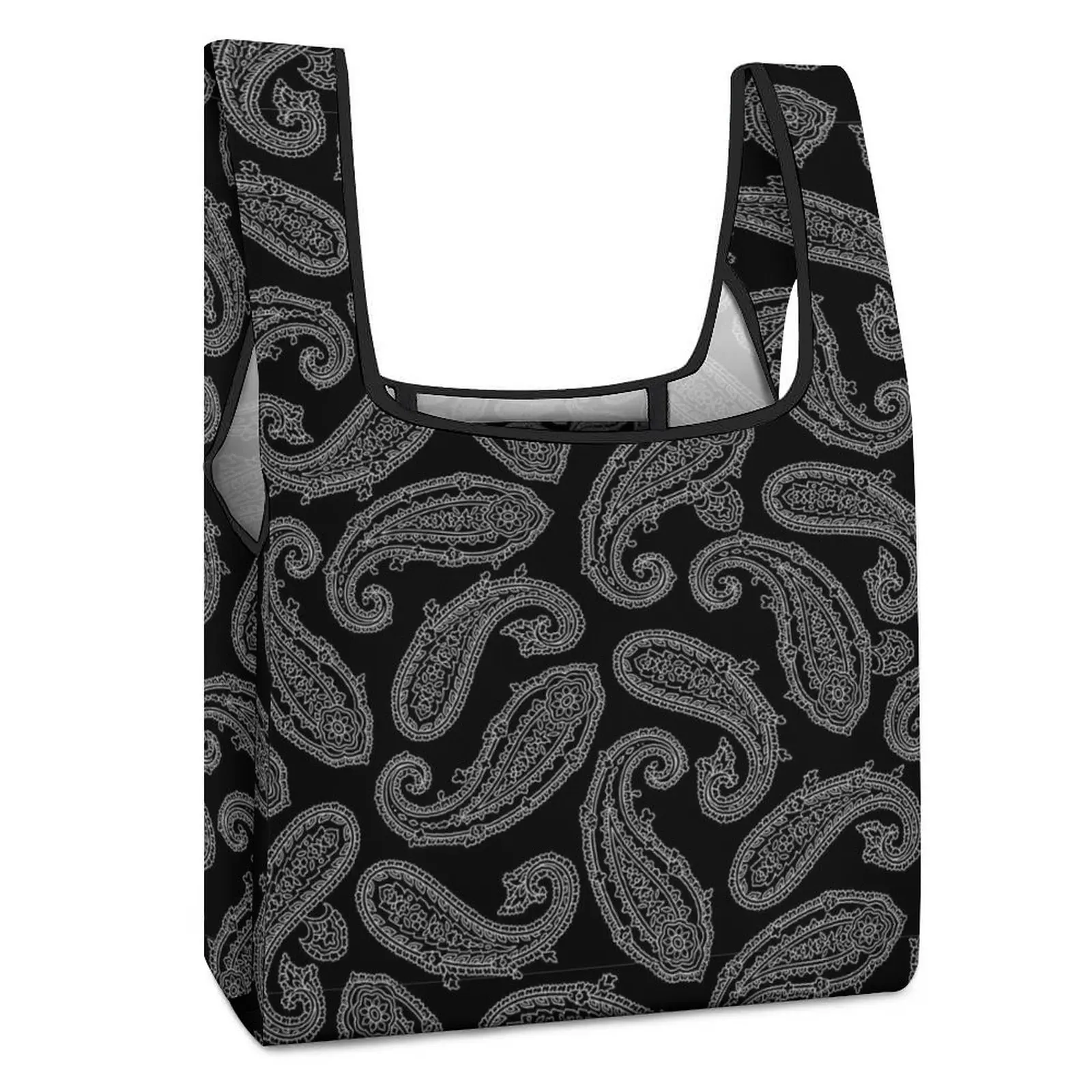 Custom Printed Black Totes Bag Shopping Bag Supermarket Ethnic Retro Style Bags Casual Woman Grocery Bag with Handles
