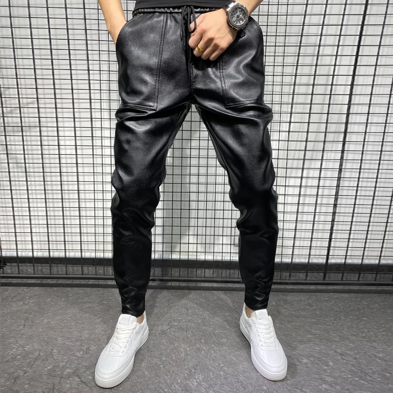 

New winter thick warm PU leather pants men's clothing 2021 simple windproof leisure motorcycle pants black plus size