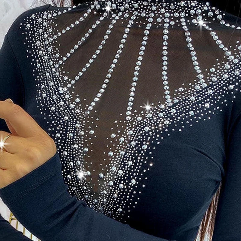 

Sexy Fake Crystal Patch Women's Turtleneck Hollow Long Sleeve T-Shirt High Street Black All-match Fashion Top 2XL Plus Size