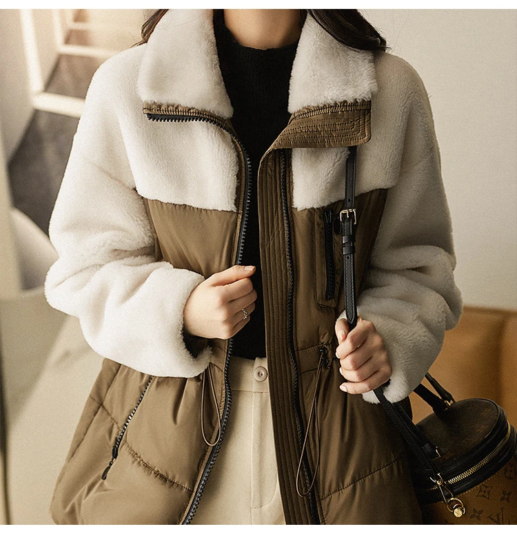 Down Jacket Women 2022 Winter 90% White Duck Coat Short Fur Splicing One Piece Korean Waistband Top Waist-cinching Cord Coats