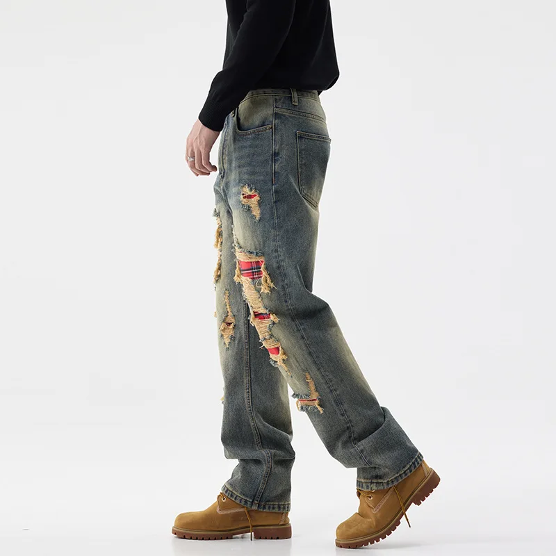 Американские ретро-джинсы с татуировкой свободные прямые джинсы нашивками