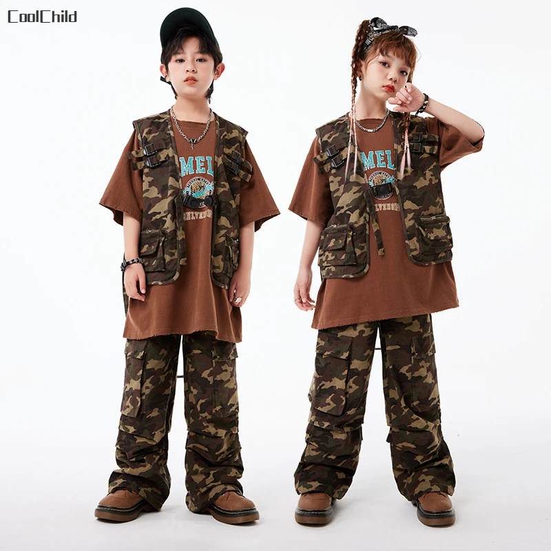 

Камуфляжный жилет в стиле хип-хоп для девочек, брюки кагро, уличная одежда в стиле милитари для мальчиков, Детская футболка для уличных танцев, комплекты для подростков
