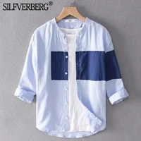 2022 mens new linen cotton shirt short sleeved lapel color blocking mens shirt harajuku style casual streetwear hemp